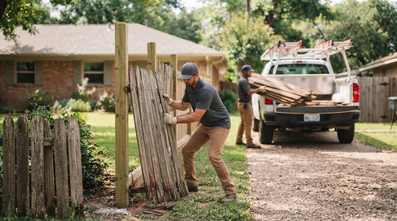 Crew removing an old fence and loading it into a work truck