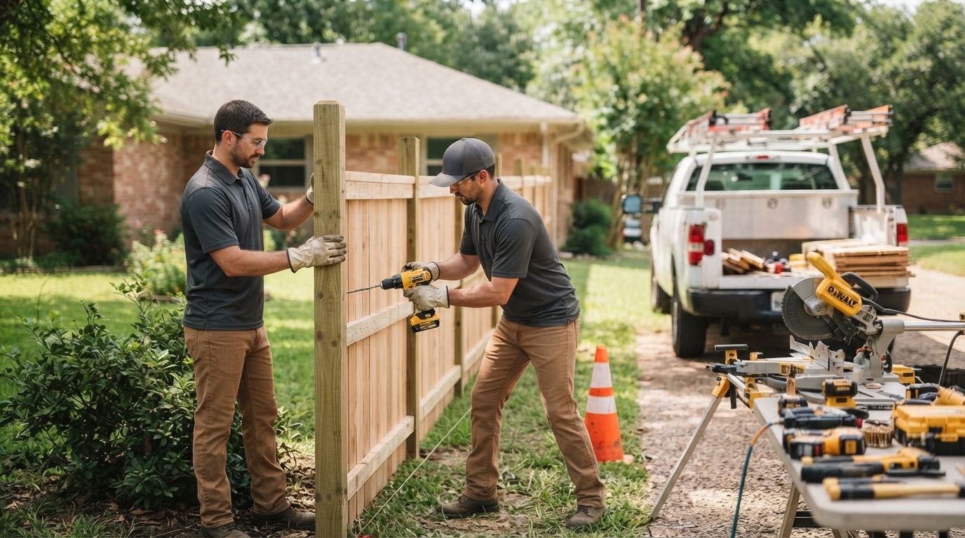 Allstar Fencing crew setting posts and installing fence panels together
