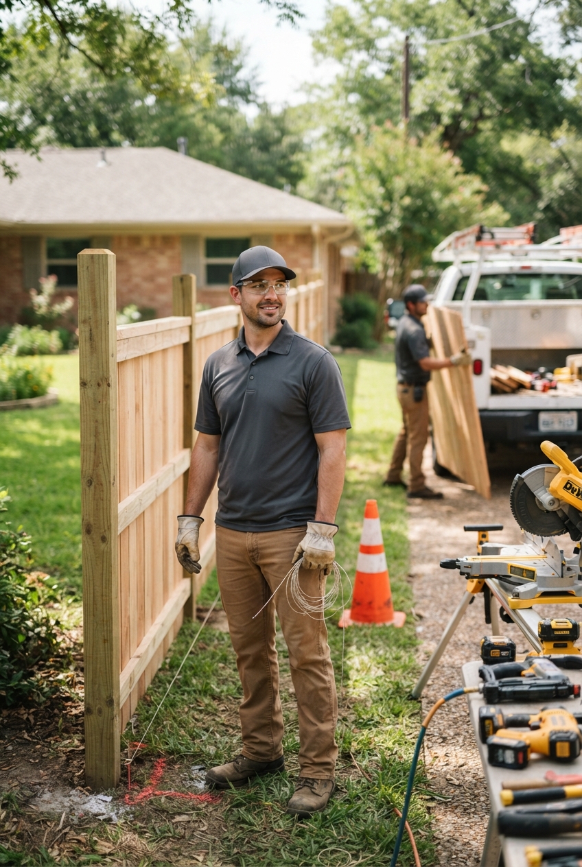 Fence installation crew member operating a post hole auger in a Little Rock backyard
